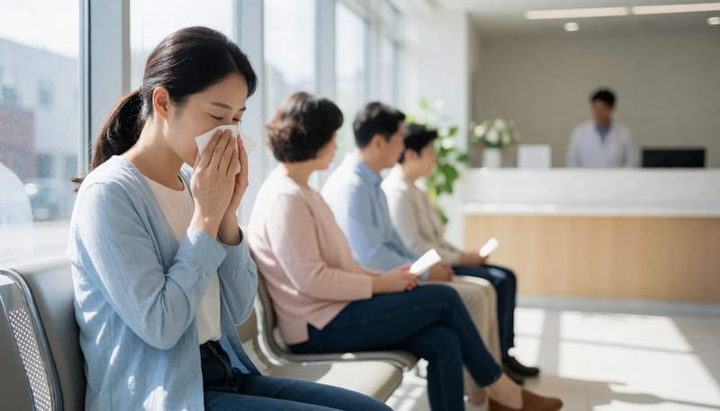 눈물과 동반 증상으로 병원 대기실에 앉아 있는 여성