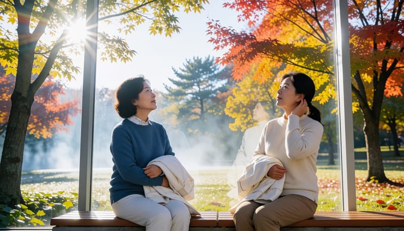 환절기 아침 공원에서 귀 쪽에 손을 대는 중년 여성