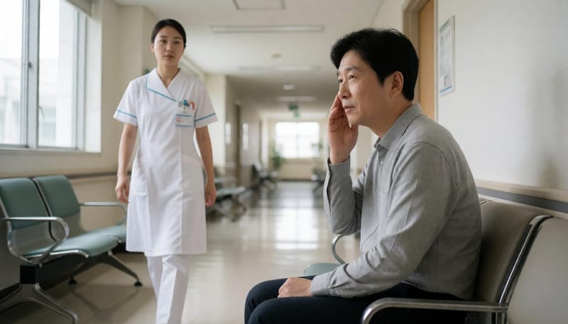 얼굴이 붓고 불편해 보여 병원 진료를 기다리는 환자