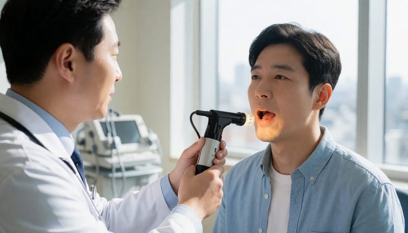이비인후과에서 의사가 환자의 목 상태를 진찰하는 모습