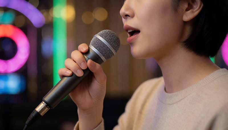 노래방에서 고음을 무리하게 부르며 목에 힘이 들어간 여성의 옆모습