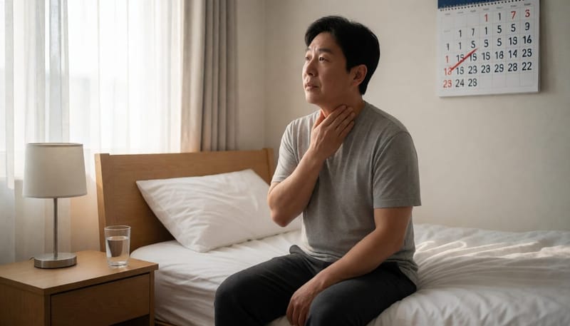 아침에 목을 만지며 쉰 목소리를 확인하는 남성과 벽에 걸린 달력