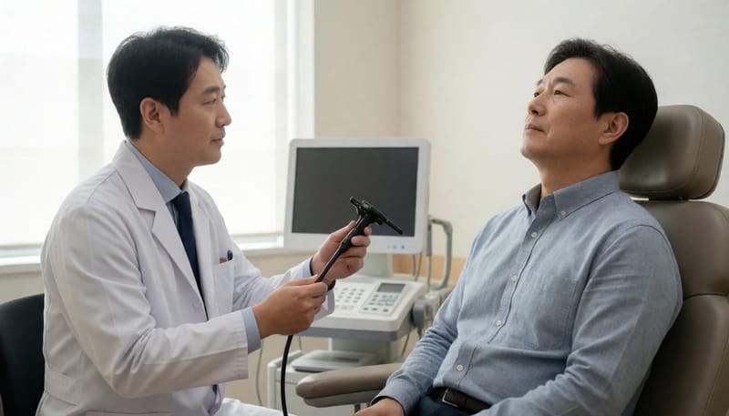 이비인후과에서 후두내시경 검사를 준비하는 의사와 환자