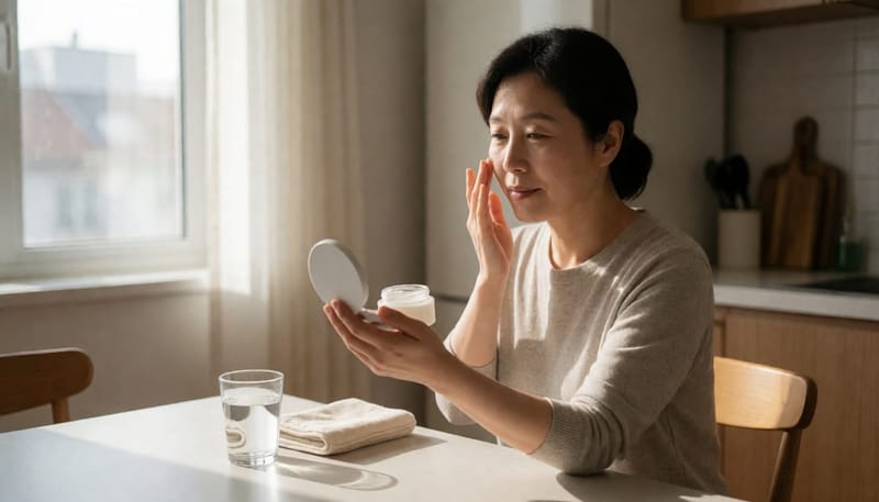 여성이 집에서 진정 크림을 손끝으로 바르며 붉은기를 관리하는 모습