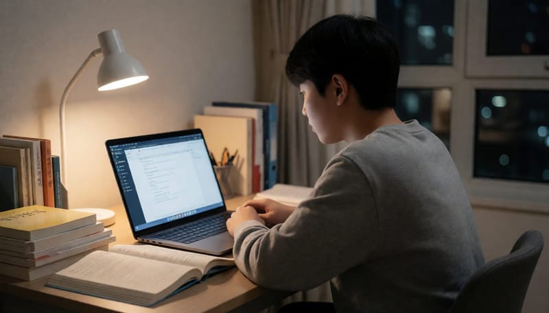 밤늦게 스마트폰과 노트북을 가까이서 보는 청소년의 뒷모습, 근시 진행 배경을 암시하는 장면