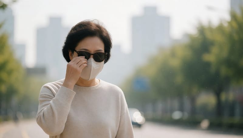 황사 낀 거리에서 눈을 비비며 걷는 여성, 환절기 눈 자극 증상을 표현한 장면
