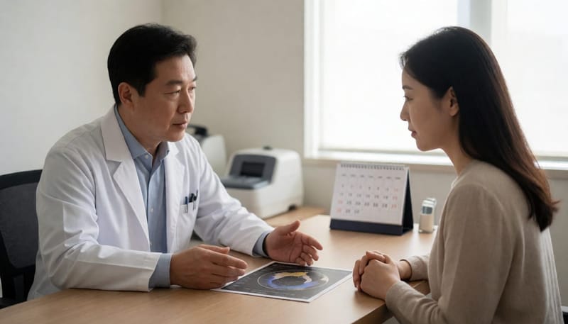 의사와 환자가 각막 검사 결과를 두고 수술 시기와 방식을 상담하는 장면