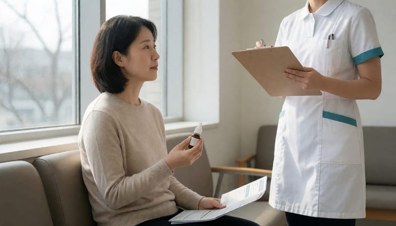 수술 전 상담을 앞두고 안약과 안내 자료를 든 채 기다리는 환자의 모습