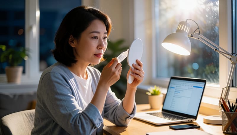 밤에 안약을 넣으며 눈을 관리하는 여성