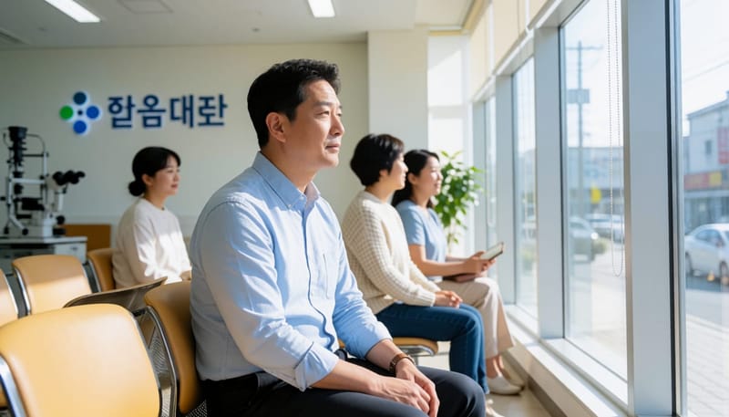안과 대기 공간에서 생각에 잠긴 남성