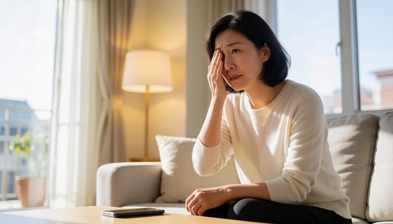 눈에 불편함을 느끼며 손으로 감싸는 여성