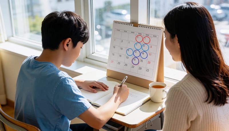 달력에 날짜를 표시하며 부모님의 변화를 기록하는 아들의 모습