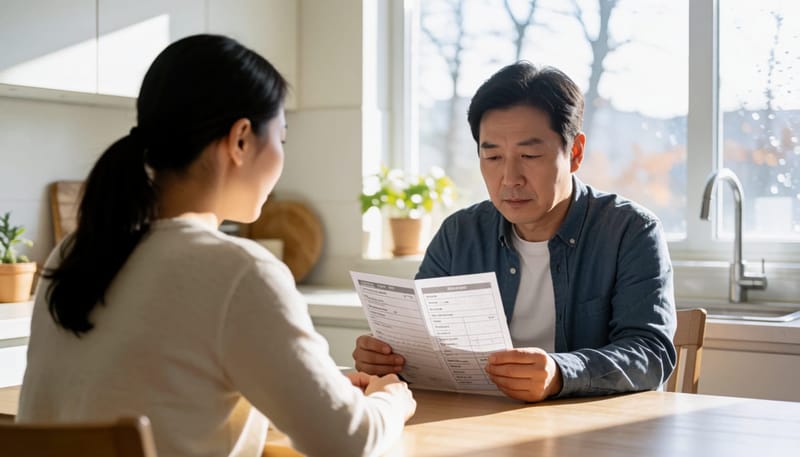 건강검진 결과지를 확인하며 걱정스러운 표정을 짓는 중년 남성