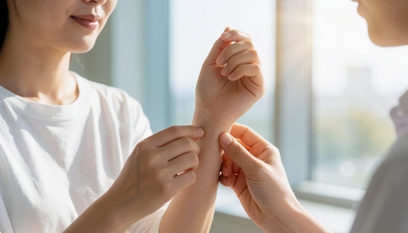 손목 안쪽에 돋아난 자주색 좁쌀 같은 오돌토돌한 피부 병변 클로즈업