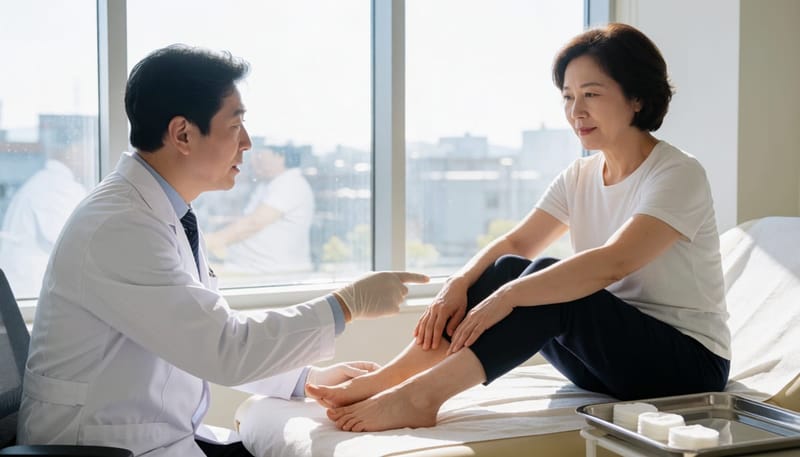 피부과 의사가 환자의 팔과 발목 부위를 함께 살펴보며 관리 우선순위를 설명하는 모습