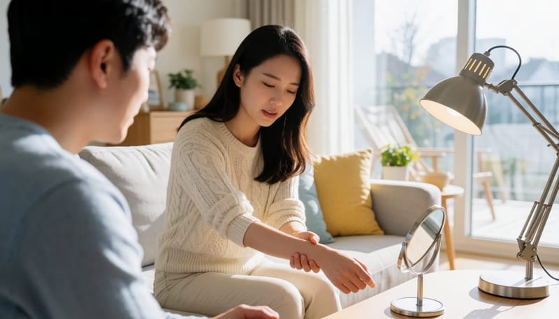 집에서 자신의 팔 피부를 들여다보며 의아해하는 여성의 모습