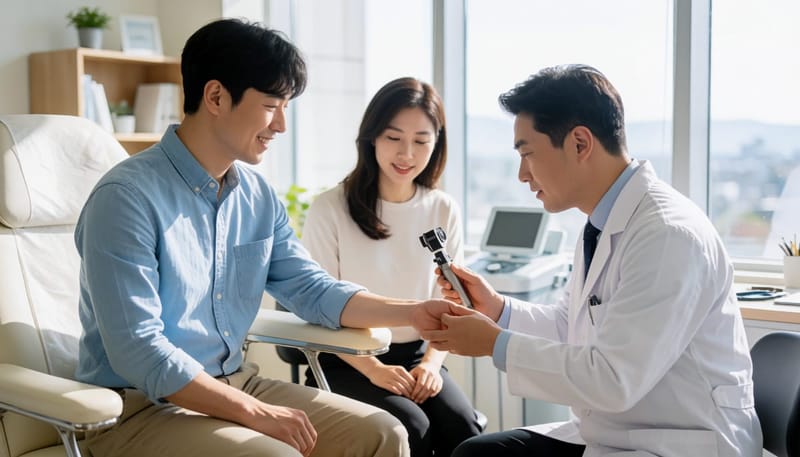 피부과에서 손목 병변을 전문 기기로 진료받는 환자의 모습