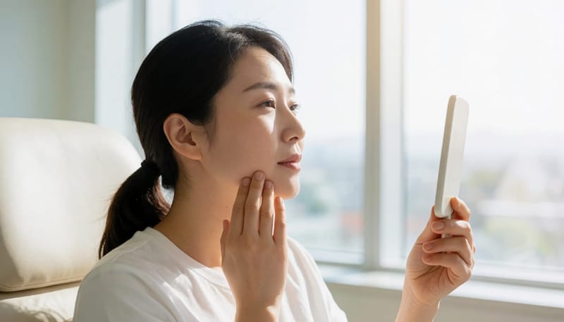 시술 직후 거울로 턱선을 확인하는 30대 여성