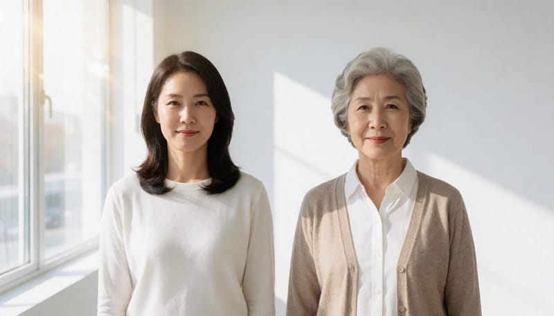 30대와 60대 여성의 피부 차이를 비교하는 스튜디오 컷