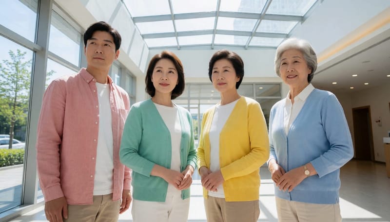 20대부터 60대까지 다양한 연령대가 함께 선 클리닉 로비