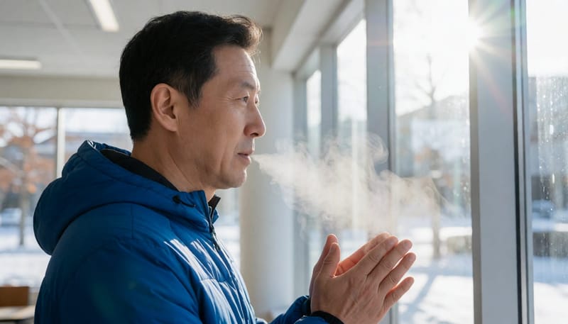 추운 야외에서 다리를 문지르며 체온을 유지하려는 남성