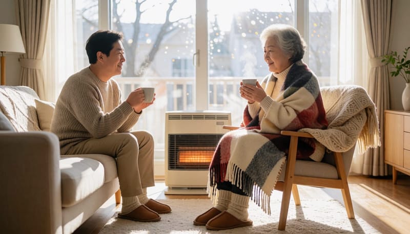 따뜻한 담요와 난방기로 보온하는 노년 여성