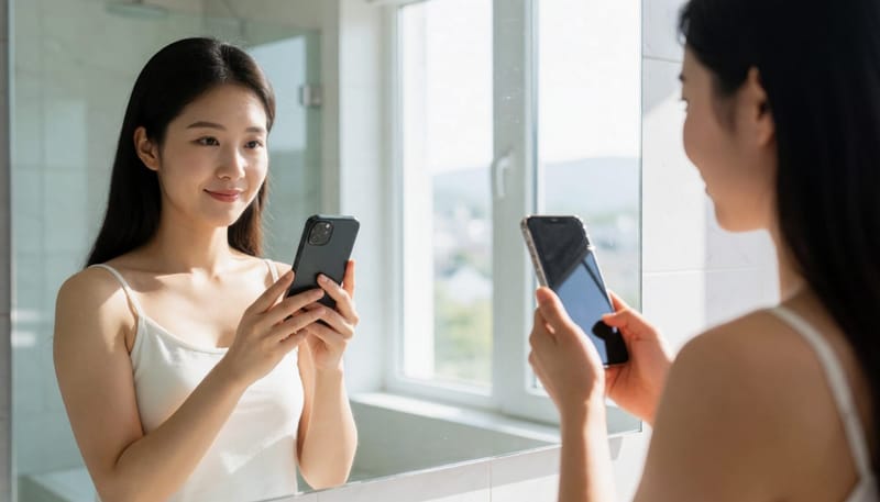 거울 속 다리를 보며 궁금한 표정을 짓는 여성