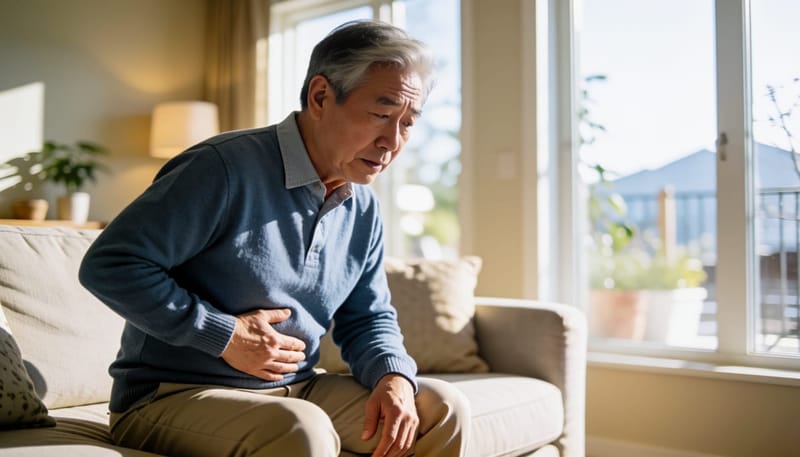 복부 통증 등 몸의 변화를 느끼고 걱정하는 남성의 모습