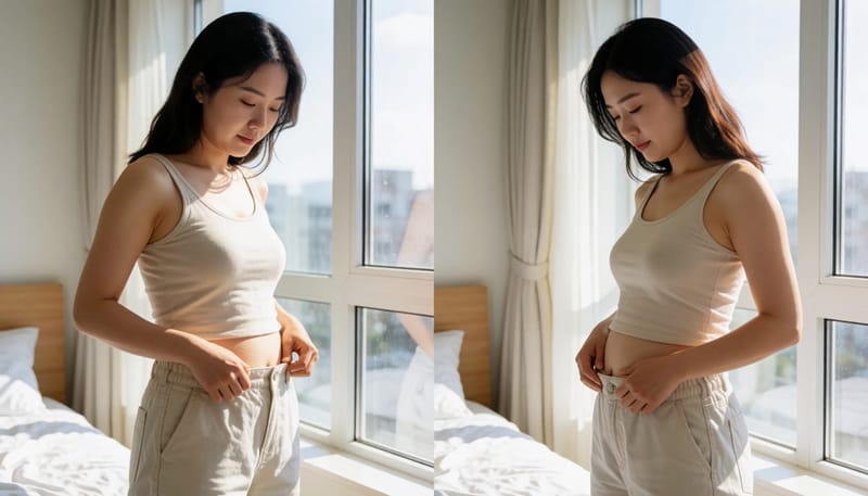 바지가 꽉 끼어 배 부위를 만지며 확인하는 여성