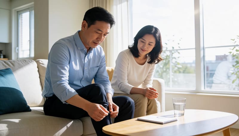 거실 소파에 앉아 바지를 걷어 올리고 다리 상태를 살피는 남성