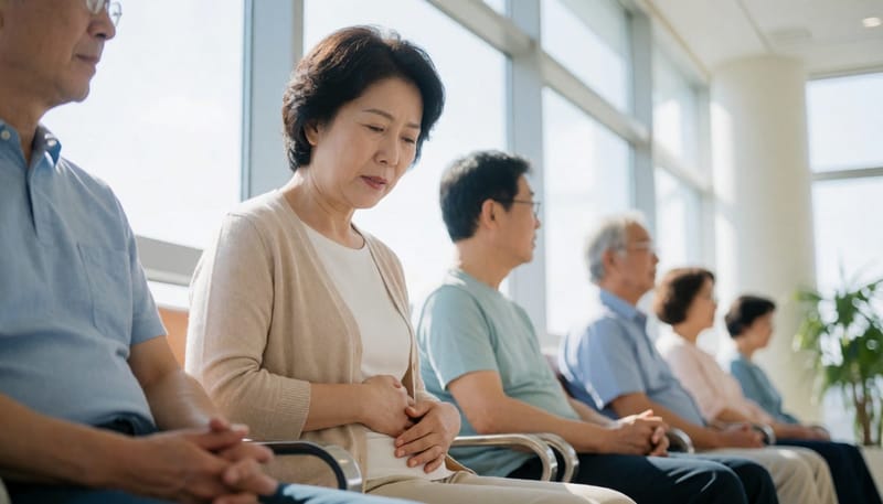 복부 불편감을 느끼며 대기하는 여성