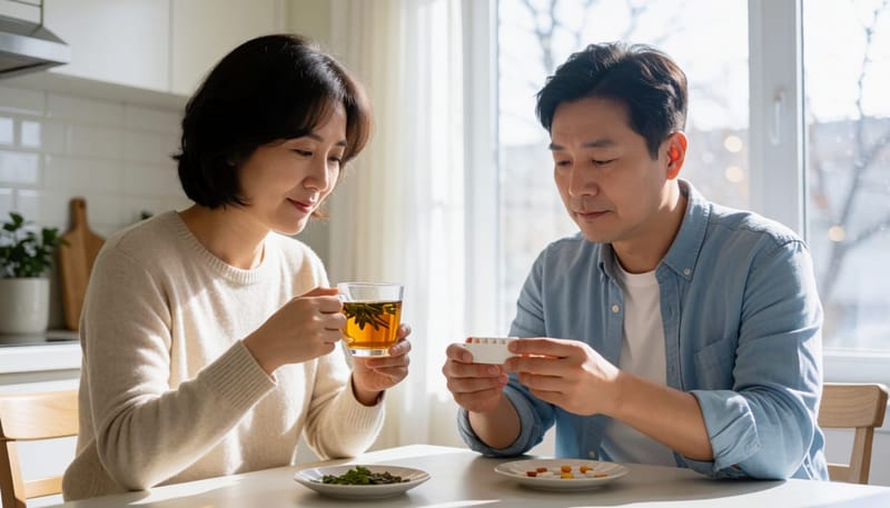 차와 영양제를 비교하며 관리 방법을 고민하는 부부