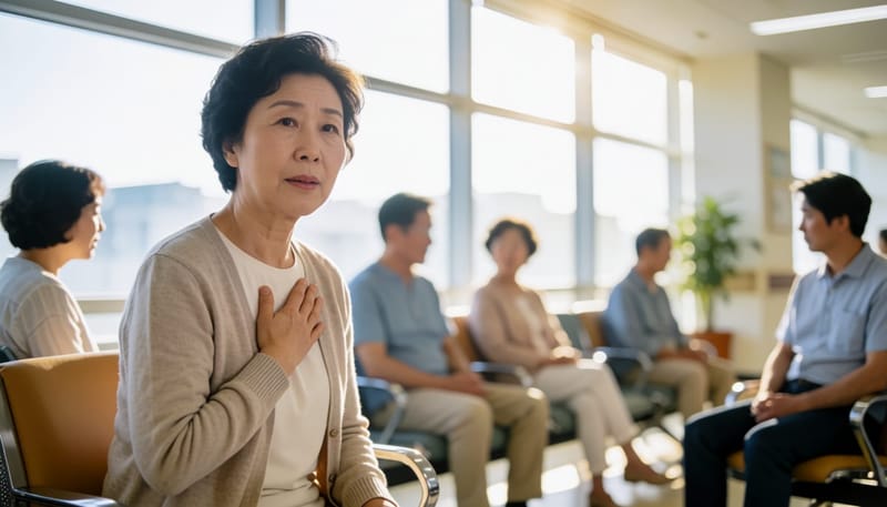 가슴에 손을 얹고 걱정스러운 표정으로 병원 대기실에 앉은 여성