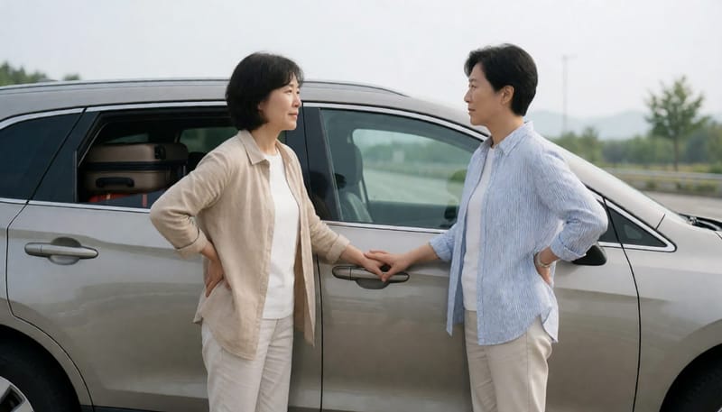 휴게소에서 허리를 짚고 스트레칭하는 여성