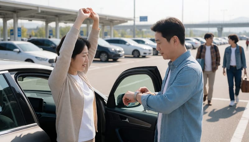 휴게소에서 운전자를 교대하며 키를 건네는 두 사람