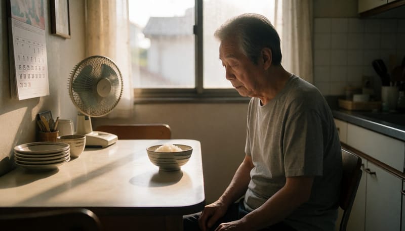 식탁에 앉아 식사를 하지 않고 멍하니 있는 노인의 모습
