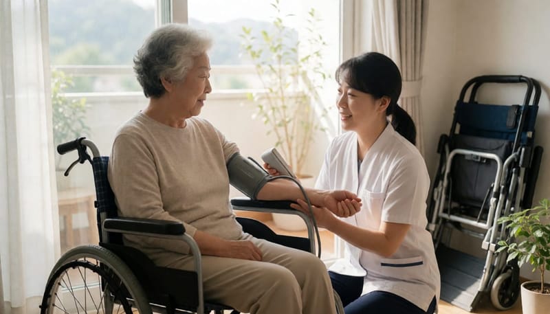 요양보호사가 가정을 방문해 노인의 혈압을 재는 모습