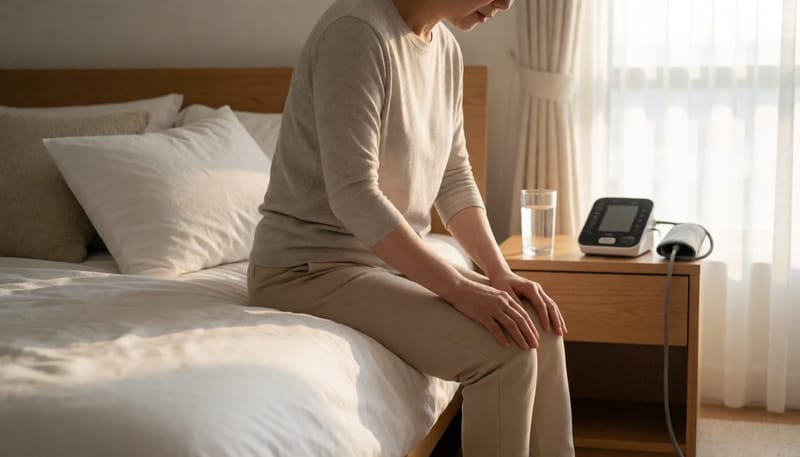아침 침대에서 천천히 일어나며 다리를 스트레칭하는 여성