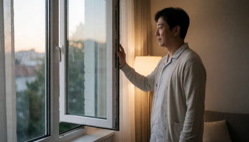 환절기 새벽 창가에서 온도차를 느끼며 서 있는 남성