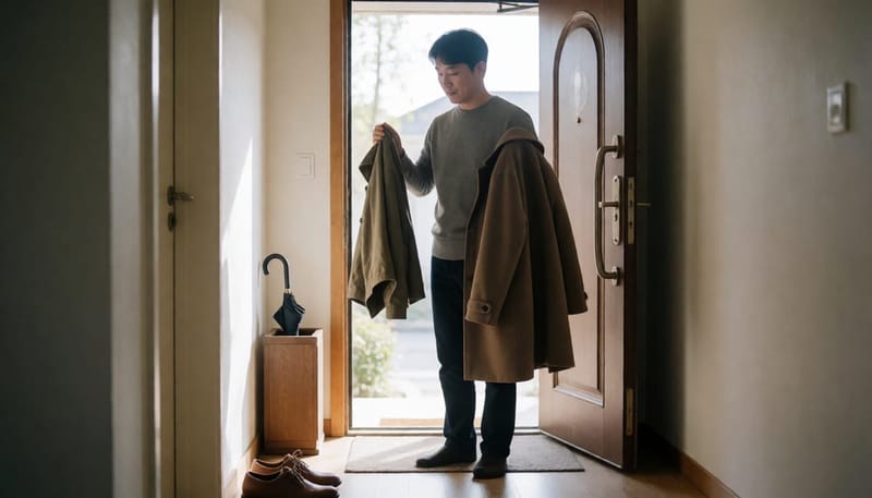 외출 전 온도차를 고려해 옷을 고르는 남성