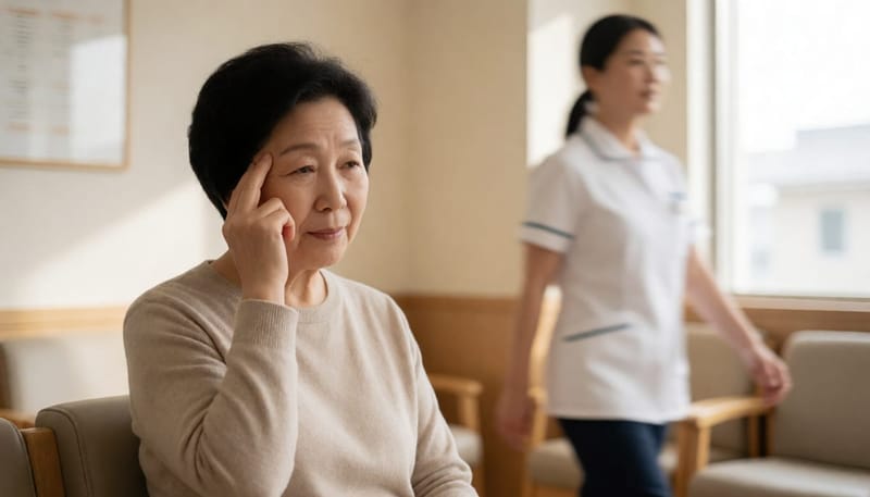 어지럼증으로 병원 대기실에 앉아있는 여성