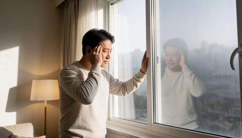 뿌연 미세먼지 아침, 창가에서 어지러움을 느끼는 중년 남성