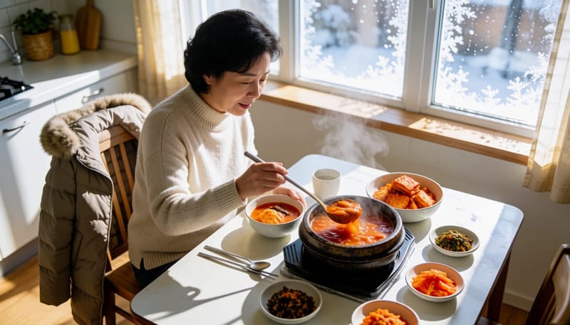 겨울철 얼큰한 국물 요리를 담고 있는 여성, 염분 섭취가 늘어나는 식탁 풍경