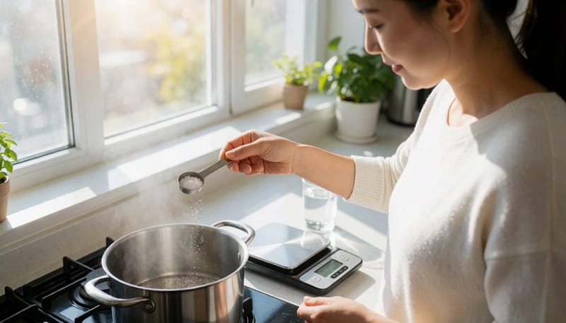 소금 양을 계량스푼으로 조절하며 저염 조리를 하는 여성