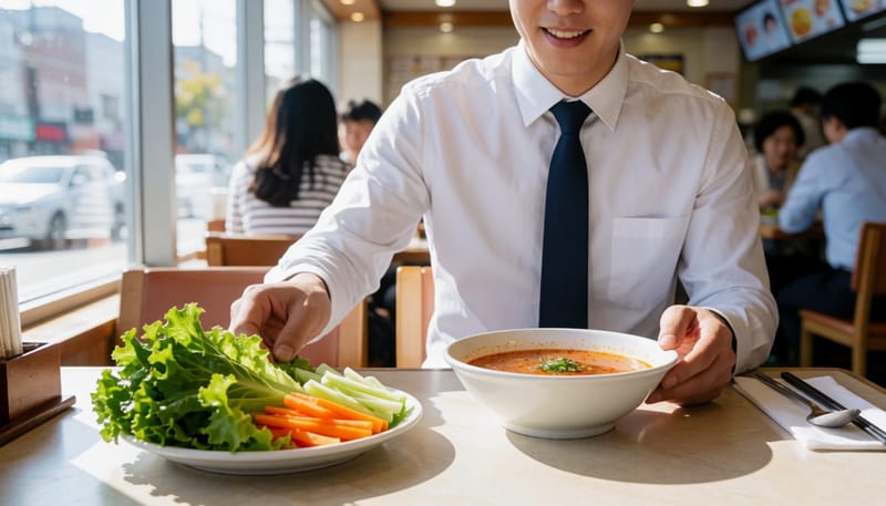 외식 자리에서 국물 대신 채소 반찬을 선택하는 직장인 남성
