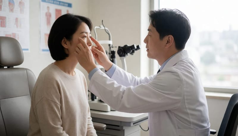 의사가 환자의 눈밑을 손으로 눌러 지방 여부를 확인하는 진료 장면