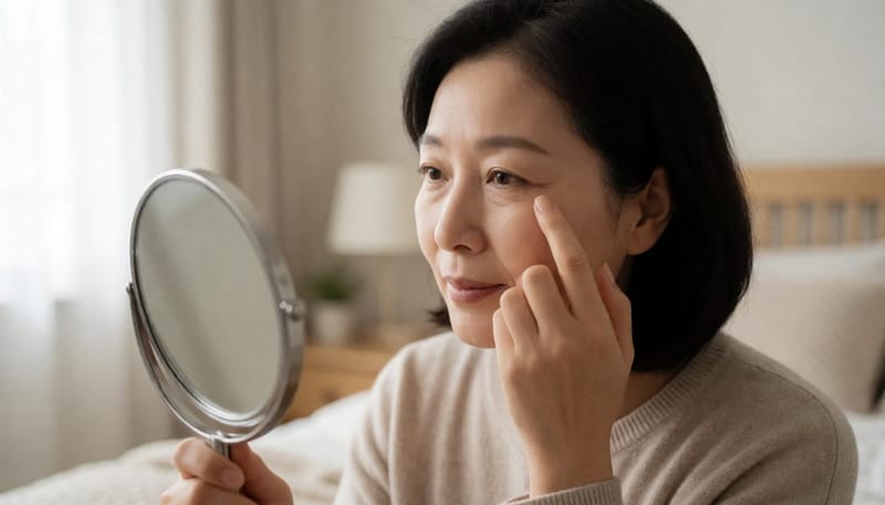40대 여성이 거울을 보며 눈밑 볼록함을 손으로 만져보는 모습