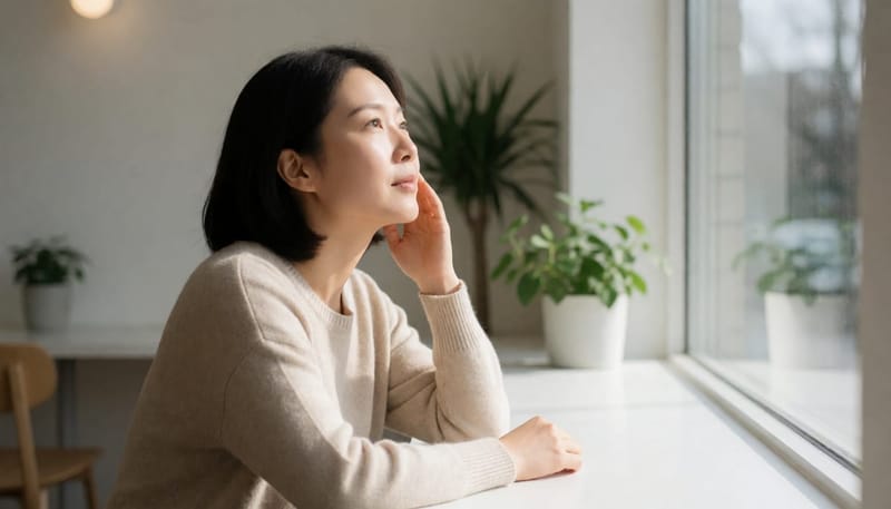 창가에서 눈밑 그림자가 드러나는 자연광 아래 여성의 모습