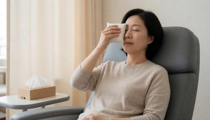 수술 후 회복실에서 냉찜질을 하며 붓기 관리를 하는 모습