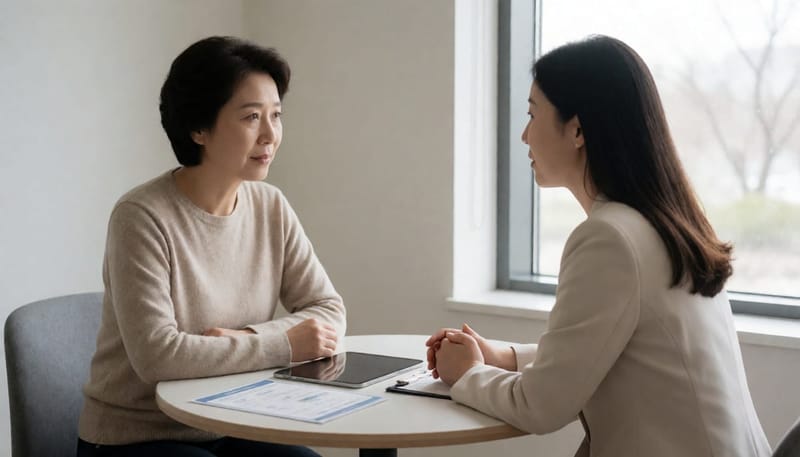 상담실에서 여성이 상담사와 마주 앉아 진지하게 대화를 나누는 모습